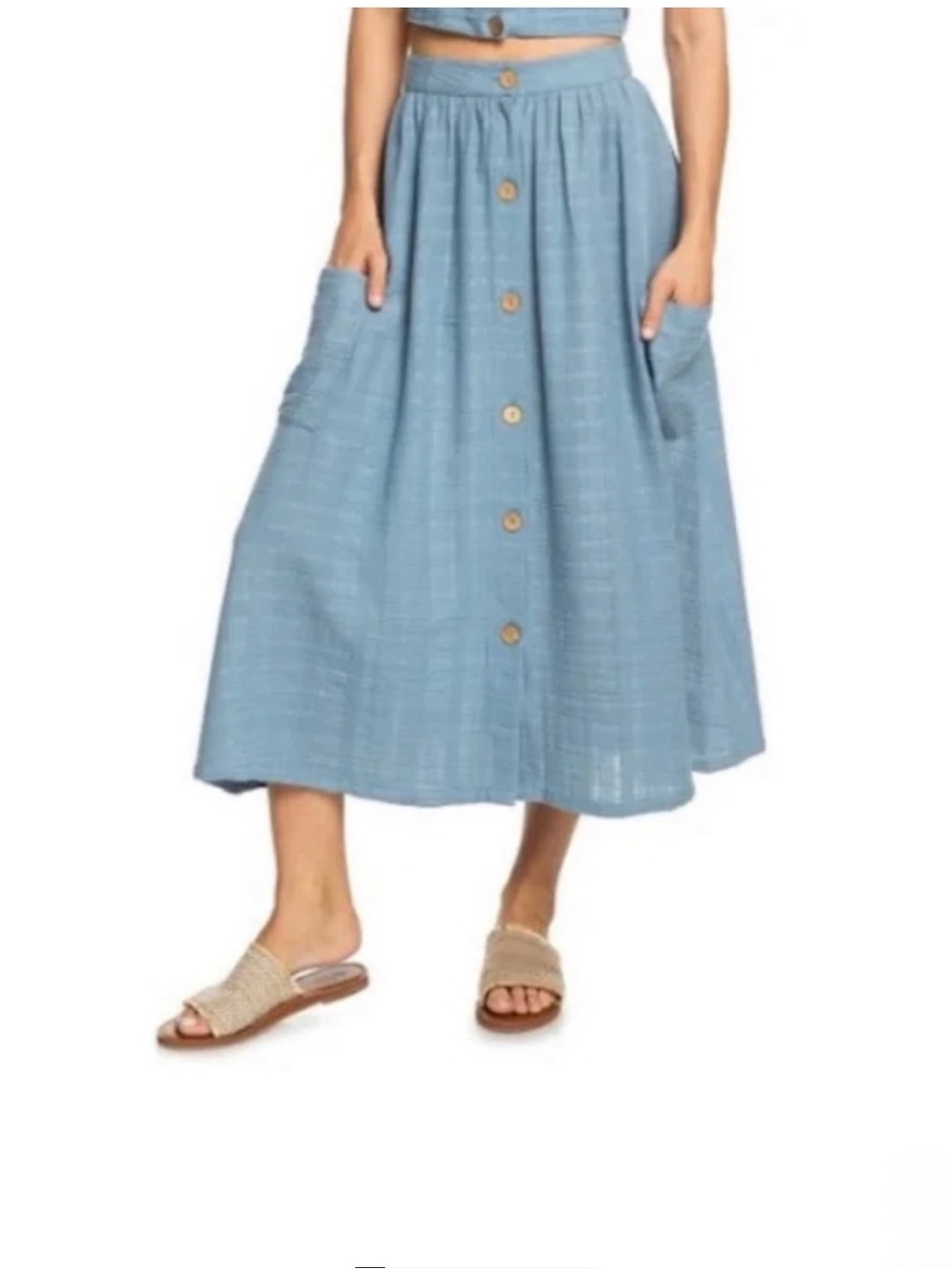 Roxy Blue Cotton Gauze Midi Skirt Women's M Button Front Pockets Coastal